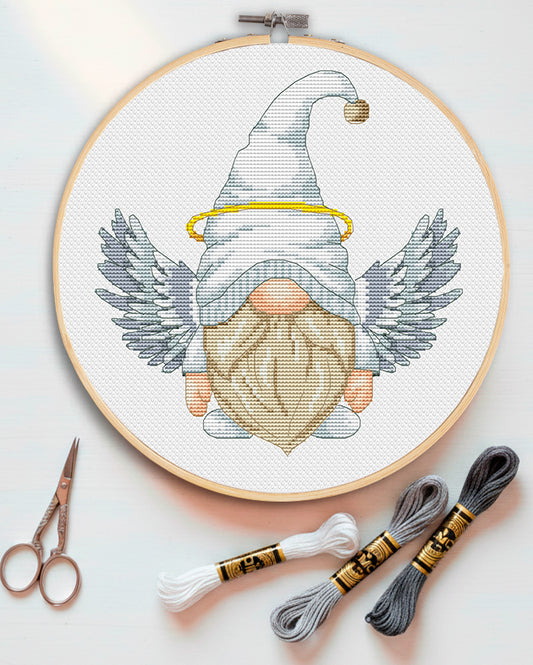 Preview angel gnome cross stitch pattern PDF.