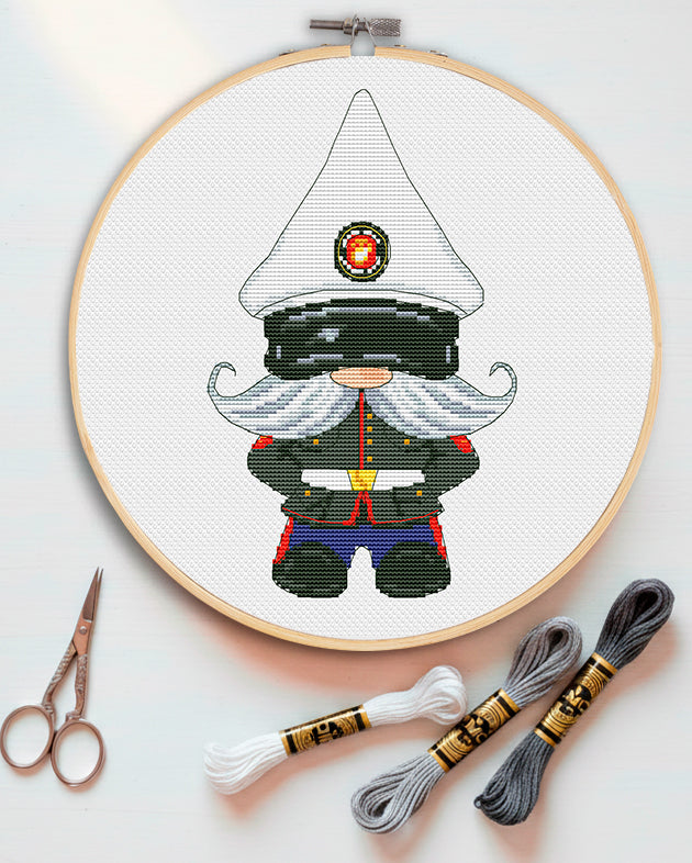 Marine gnome, Cross stitch, Marine corps gifts, Army cross stitch, Marines cross stitch, Counted cross stitch, Gnome cross stitch