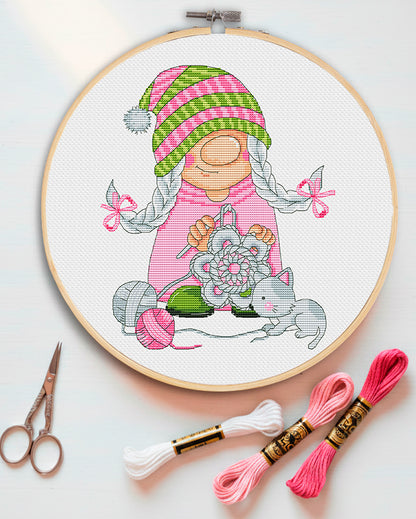 Girl crochets, Cross stitch, Counted cross stitch, Gnomes cross stitch, Girl cross stitch, Modern cross stitch