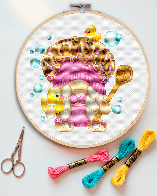Preview female bathing gnome cross stitch pattern PDF.