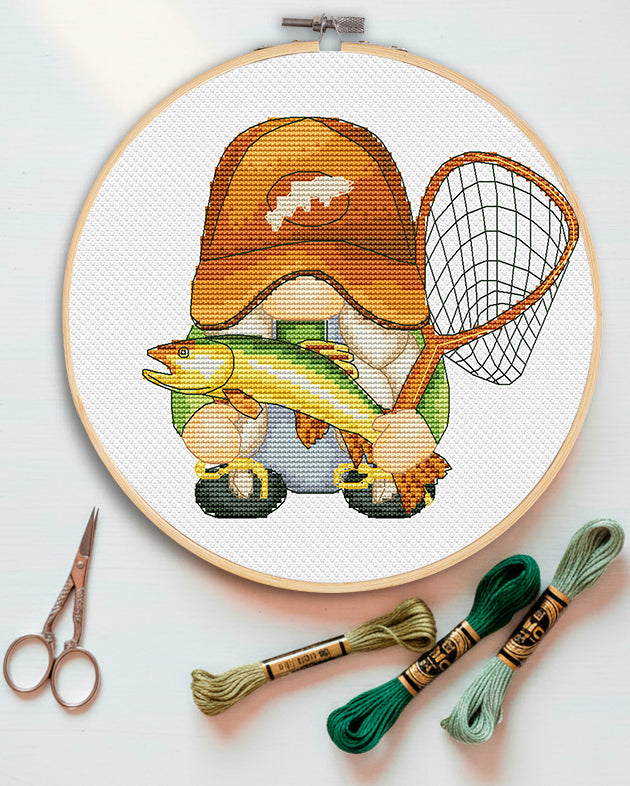 Fisherwoman, Cross stitch pattern, Fishing cross stitch, Counted cross stitch, Gnomes cross stitch