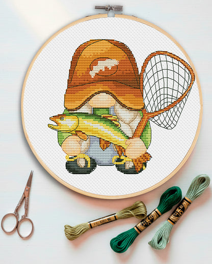 Fisherwoman, Cross stitch pattern, Fishing cross stitch, Counted cross stitch, Gnomes cross stitch