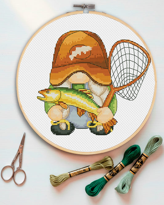 Fisherwoman, Cross stitch pattern, Fishing cross stitch, Counted cross stitch, Gnomes cross stitch