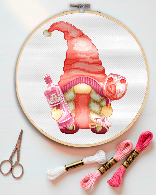 Female with pink gin, Cross stitch, Gnomes cross stitch, Modern cross stitch, Funny cross stitch, Bar decor