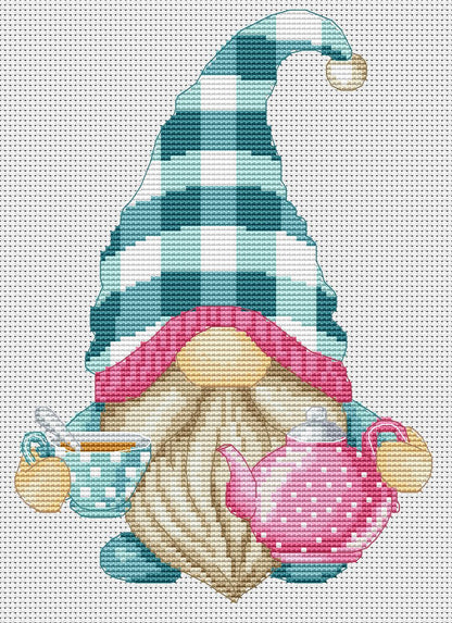 Tea gnome, Cross stitch, Kitchen cross stitch, Gnomes cross stitch, Modern cross stitch, Cross stitch pattern, Cup cross stitch