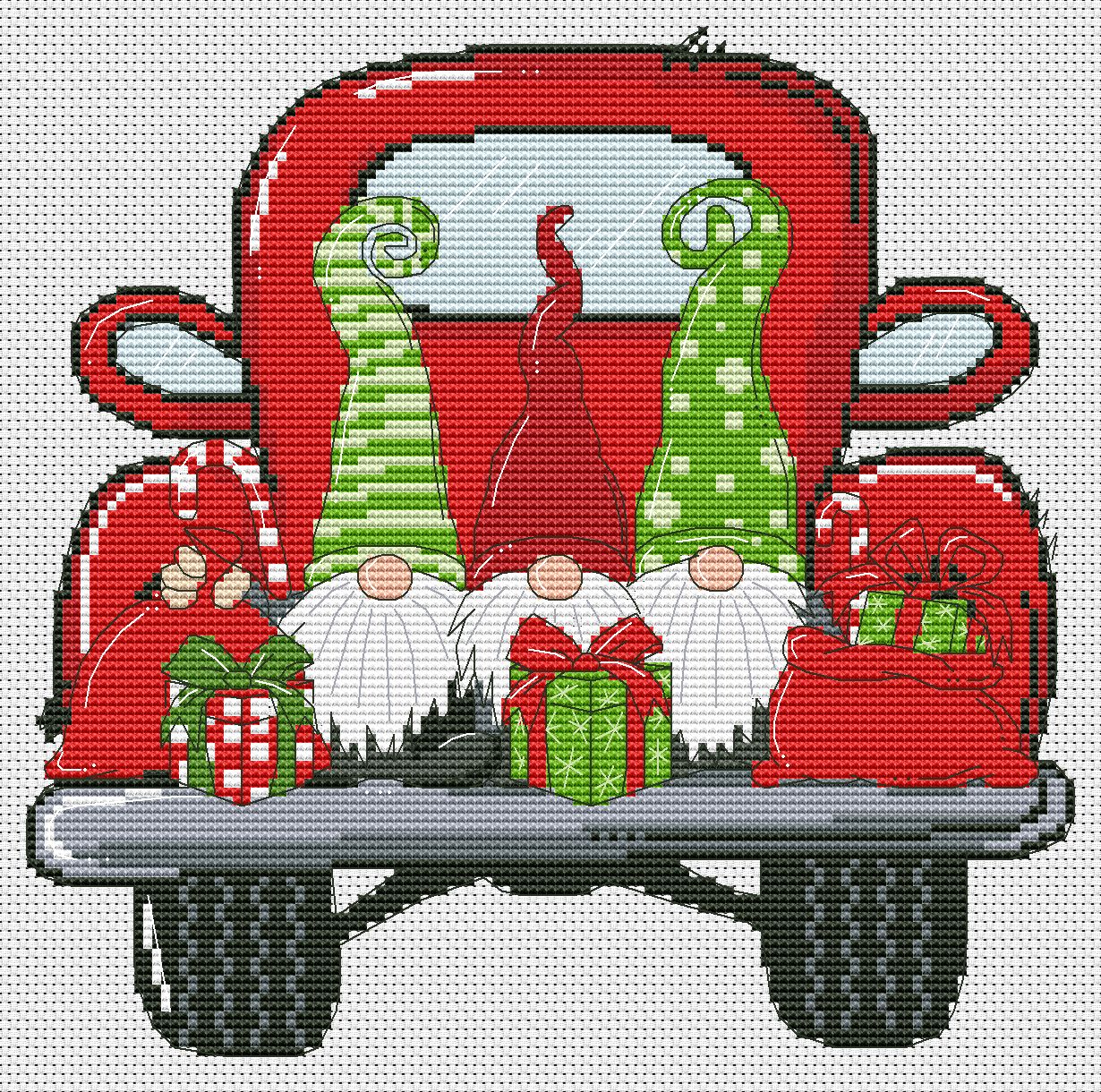 Christmas truck, Cross stitch, Christmas cross stitch, Gnomes cross stitch, Modern cross stitch, Christmas ornament, Christmas decor