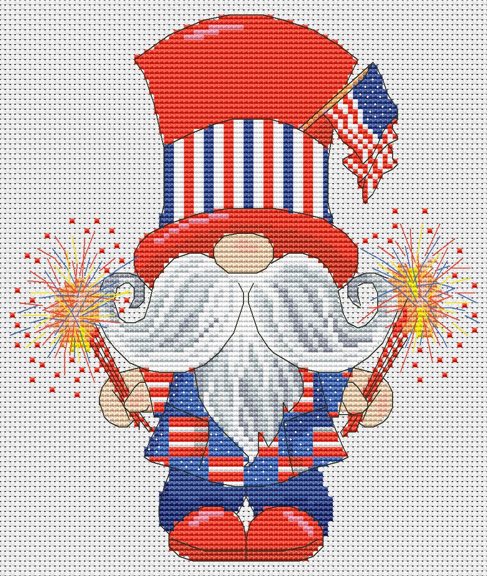 Patriotic gnomes, Cross stitch, 4th July, Gnomes cross stitch, Modern cross stitch, Cross stitch pattern, Independence day