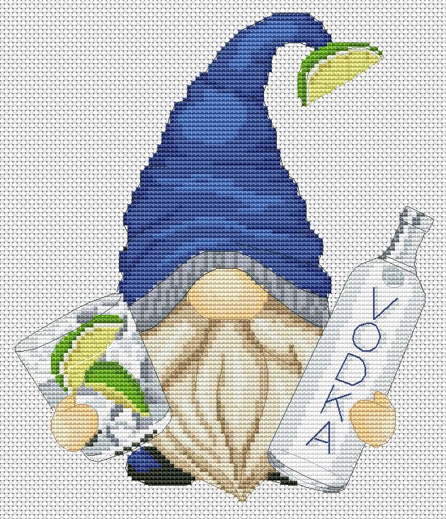 Gnome with vodka, Cross stitch, Gnome cross stitch, Gnomes cross stitch, Modern cross stitch, Cross stitch pattern, Bar decor