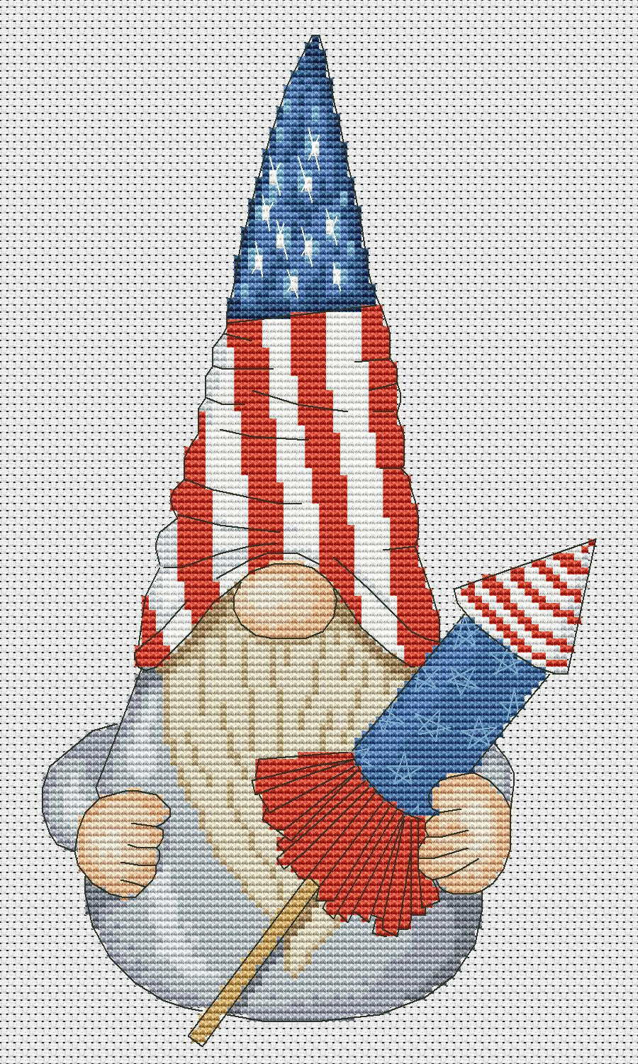 Patriotic gnome, Cross stitch, Fourth of July, Gnome cross stitch, Funny cross stitch, Easy cross stitch, Independence day