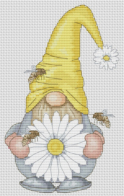 Gnome with daisies, Gnomes cross stitch, Chamomiles cross stitch, Floral cross stitch, Modern cross stitch, Daisy cross stitch