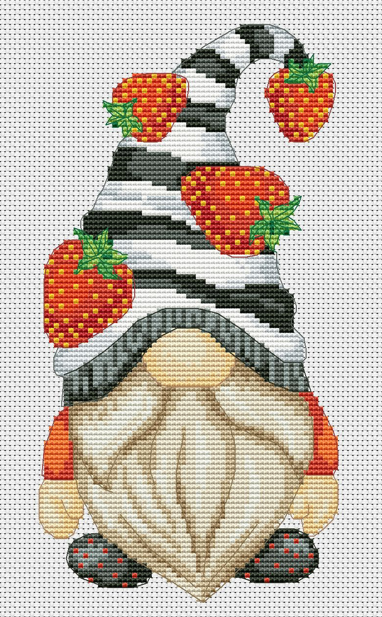 Strawberry gnome, Cross stitch, Summer cross stitch, Gnomes cross stitch, Modern cross stitch, Strawberry cross stitch