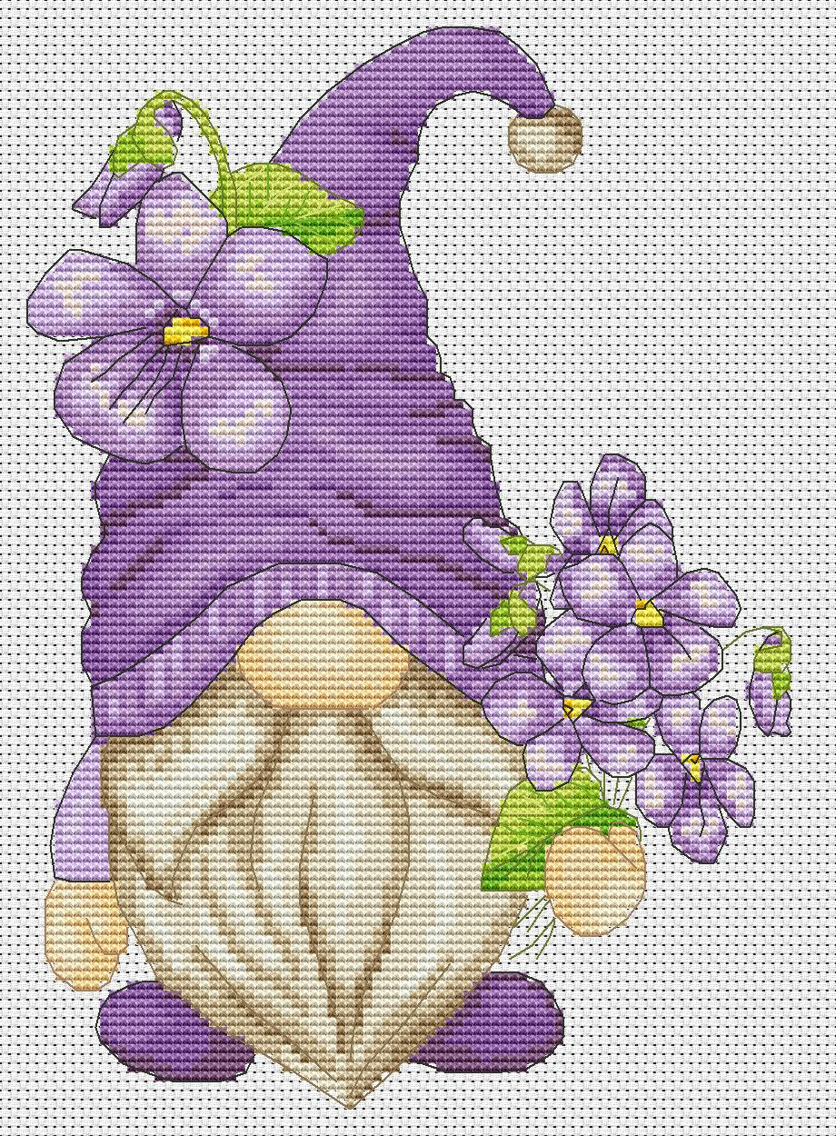 Floral cross stitch pattern Violet gnome