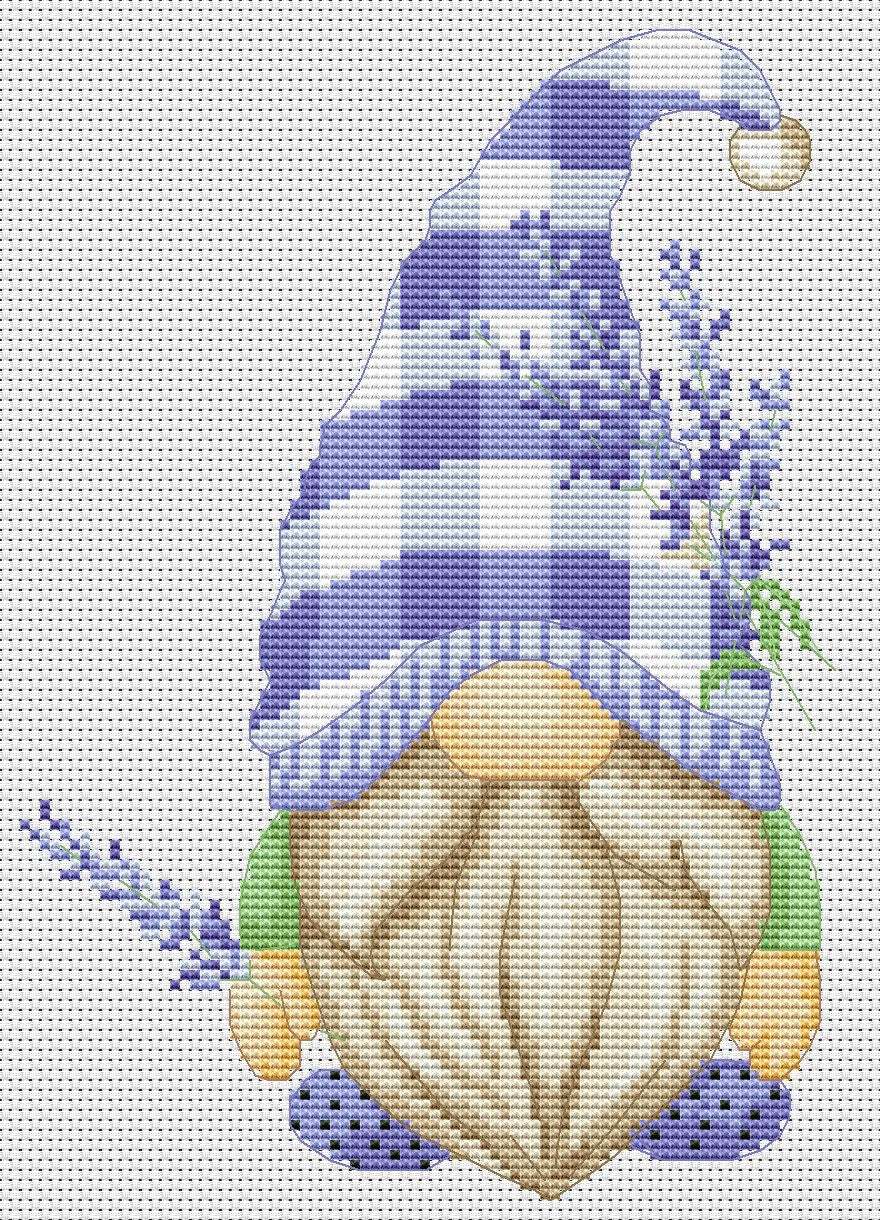 Lavender gnome, Cross stitch, Floral cross stitch, Gnomes cross stitch, Modern cross stitch, Lavender cross stitch, Cross stitch PDF