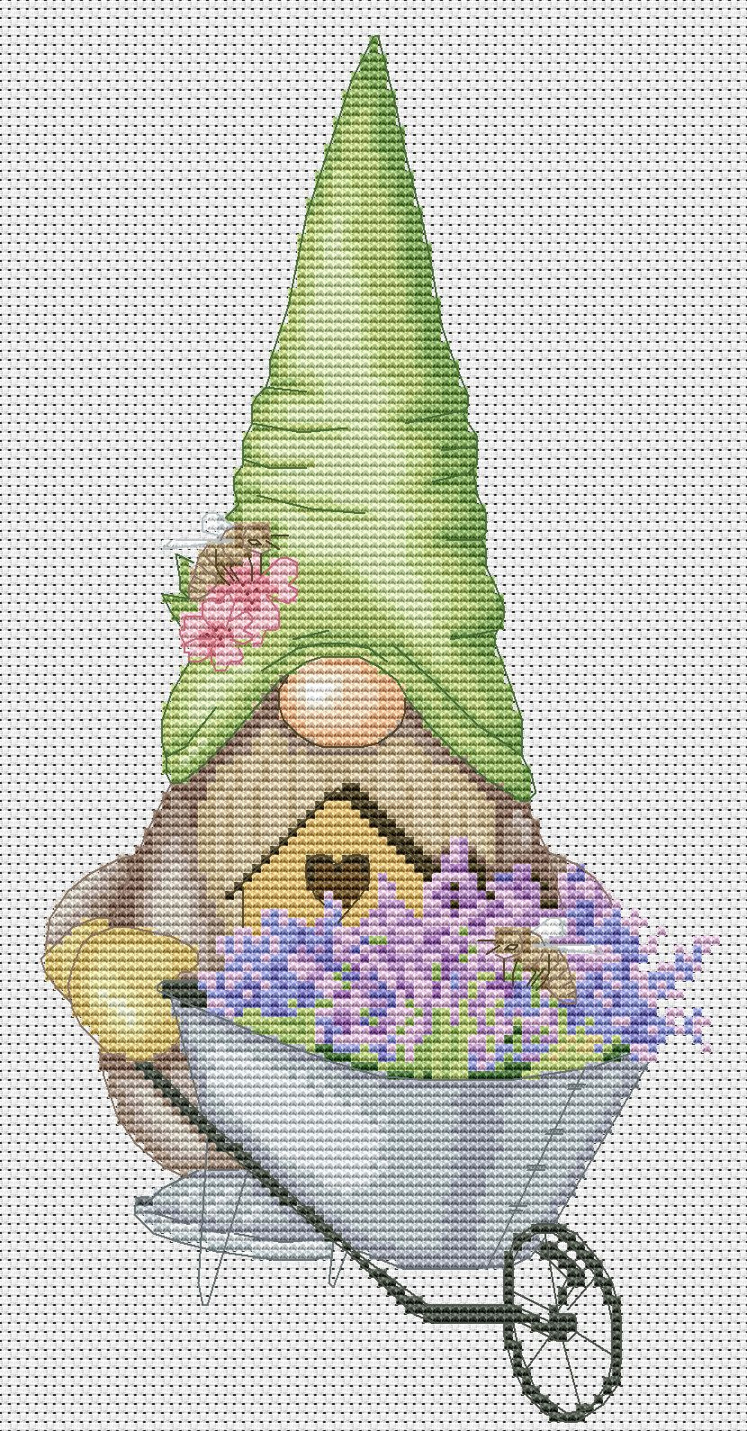 Garden gnome, Cross stitch, Floral cross stitch, Gnomes cross stitch, Spring cross stitch, Cross stitch pattern, Garden cross stitch