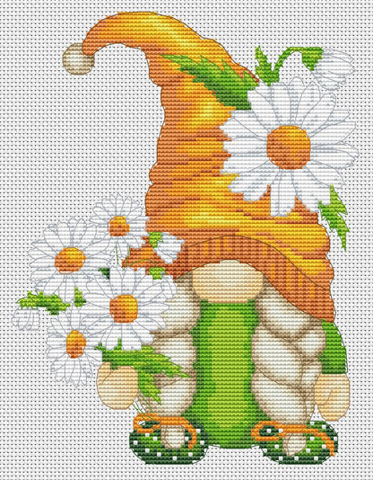 Female with daisies, Gnome cross stitch, Chamomiles cross stitch