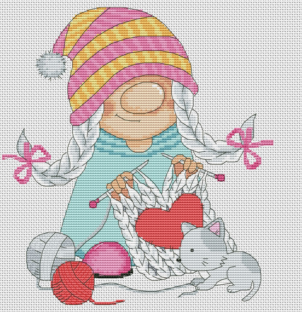 Knitter, Cross stitch, Counted cross stitch, Gnomes cross stitch, Girl cross stitch, Modern cross stitch, Cross stitch PDF