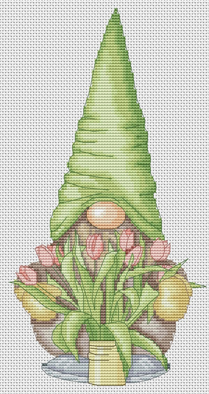 Gnome with tulips, Flowers cross stitch, Gnomes cross stitch, Modern cross stitch, Cross stitch pattern, Spring cross stitch