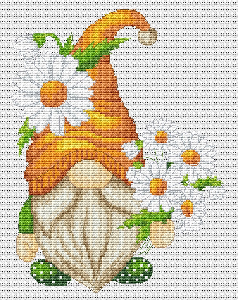 Gnome with daisies, Gnome cross stitch, Chamomiles cross stitch, Floral cross stitch, Modern cross stitch, Funny cross stitch