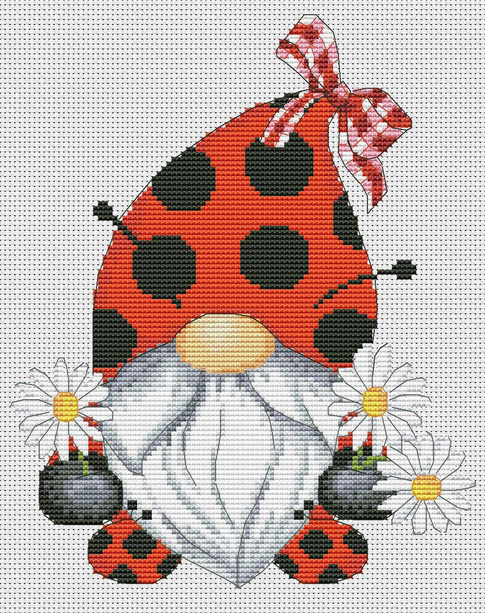 Ladybug gnome, Cross stitch pattern, Bugs cross stitch, Cross stitch PDF, Funny cross stitch, Gnomes cross stitch, Easy cross stitch