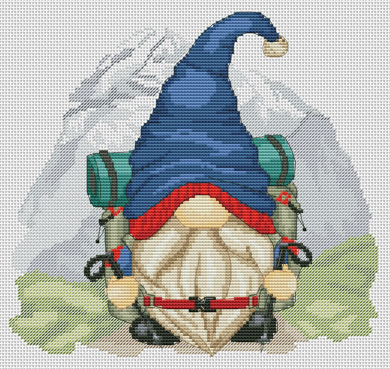 Hiking gnome, Cross stitch, Hiking cross stitch, Gnome cross stitch, Modern cross stitch, Nature cross stitch, Mountains cross stitch