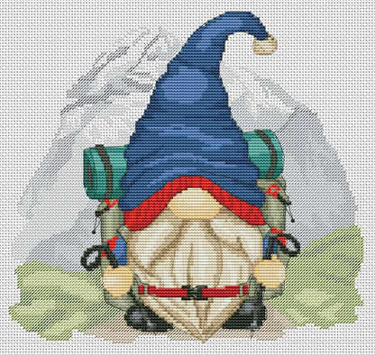 Hiking gnome, Cross stitch, Hiking cross stitch, Gnome cross stitch, Modern cross stitch, Nature cross stitch, Mountains cross stitch