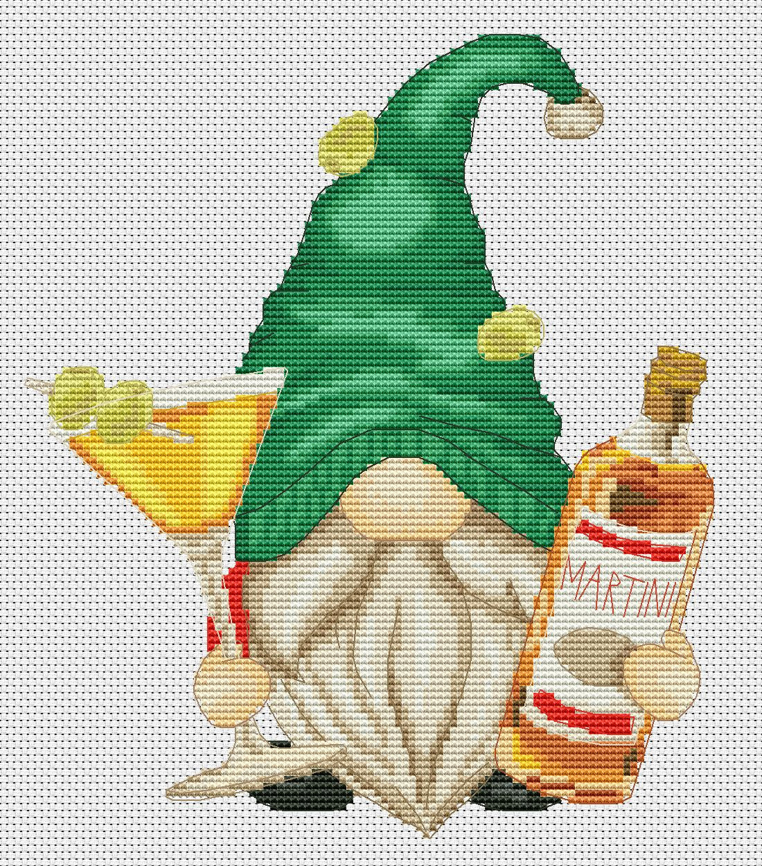 Counted  cross stitch Martini Gnome