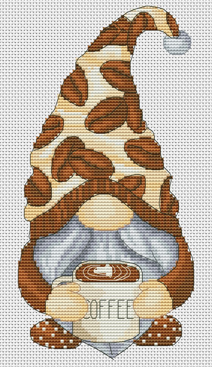 Coffee gnome, Cross stitch, Coffee cross stitch, Gnomes cross stitch, Modern cross stitch, Cappuccino cross stitch