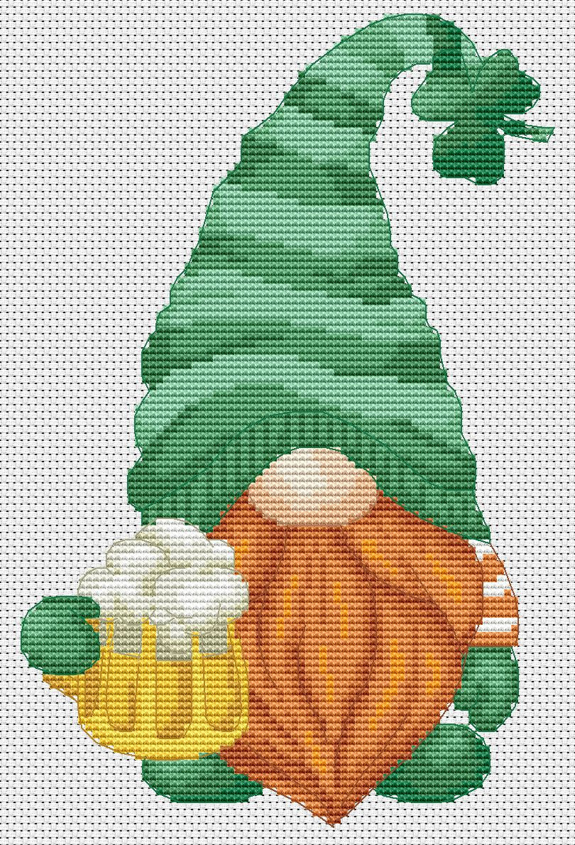 Patrick Day gnome, Cross stitch pattern, Beer cross stitch, Counted cross stitch, Gnomes cross stitch, Patrick Day cross stitch