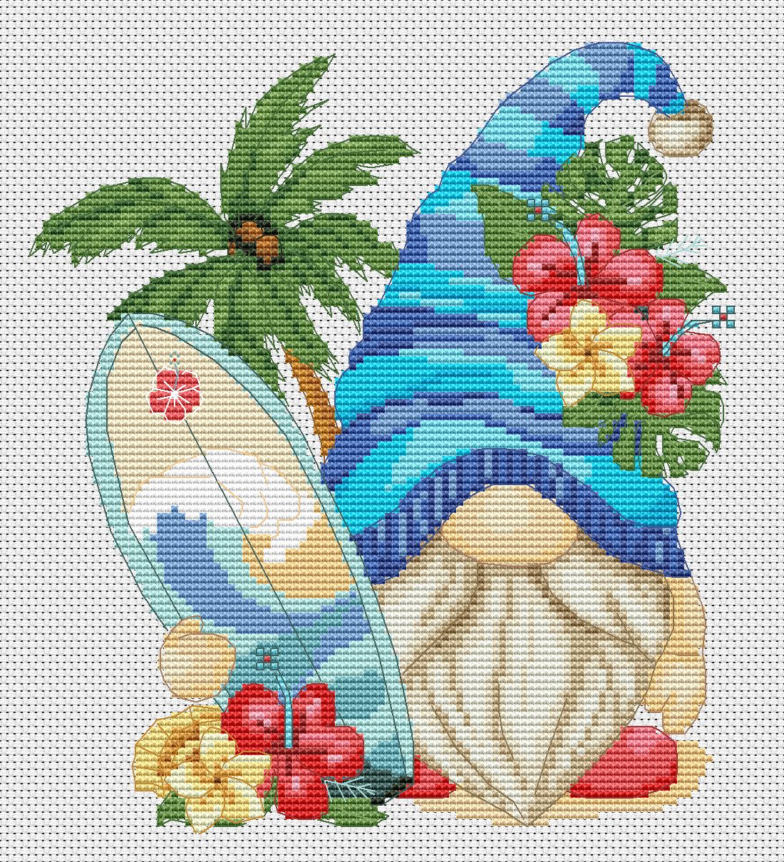 Surfer, Cross stitch pattern, Cross stitch art, Gnomes cross stitch, Modern cross stitch, Funny cross stitch, Holiday cross stitch