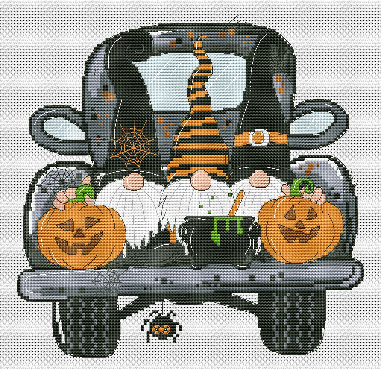 Halloween truck, Halloween cross stitch, Gnomes cross stitch, Modern cross stitch, Cross stitch pattern, Halloween decor, Halloween gift