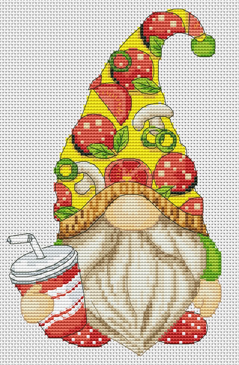 Pizza gnome, Cross stitch pattern, Kitchen cross stitch, Gnomes cross stitch, Modern cross stitch, Food cross stitch