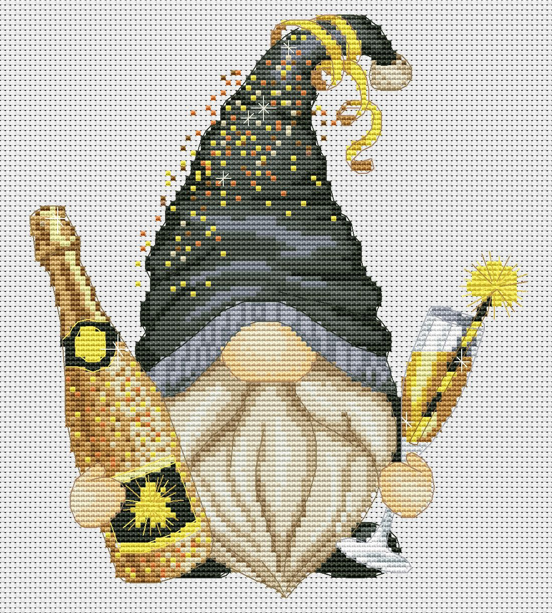 Champagne gnome, Cross stitch pattern, Gnomes cross stitch, Modern cross stitch