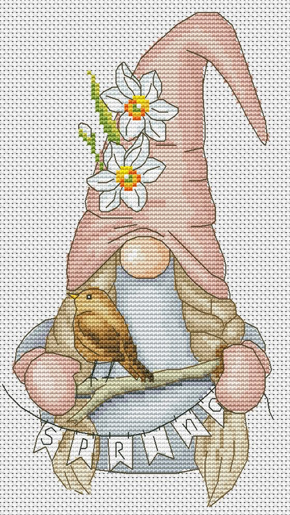 Garden female, Cross stitch, Floral cross stitch, Gnomes cross stitch, Spring cross stitch, Cross stitch pattern, Bird cross stitch