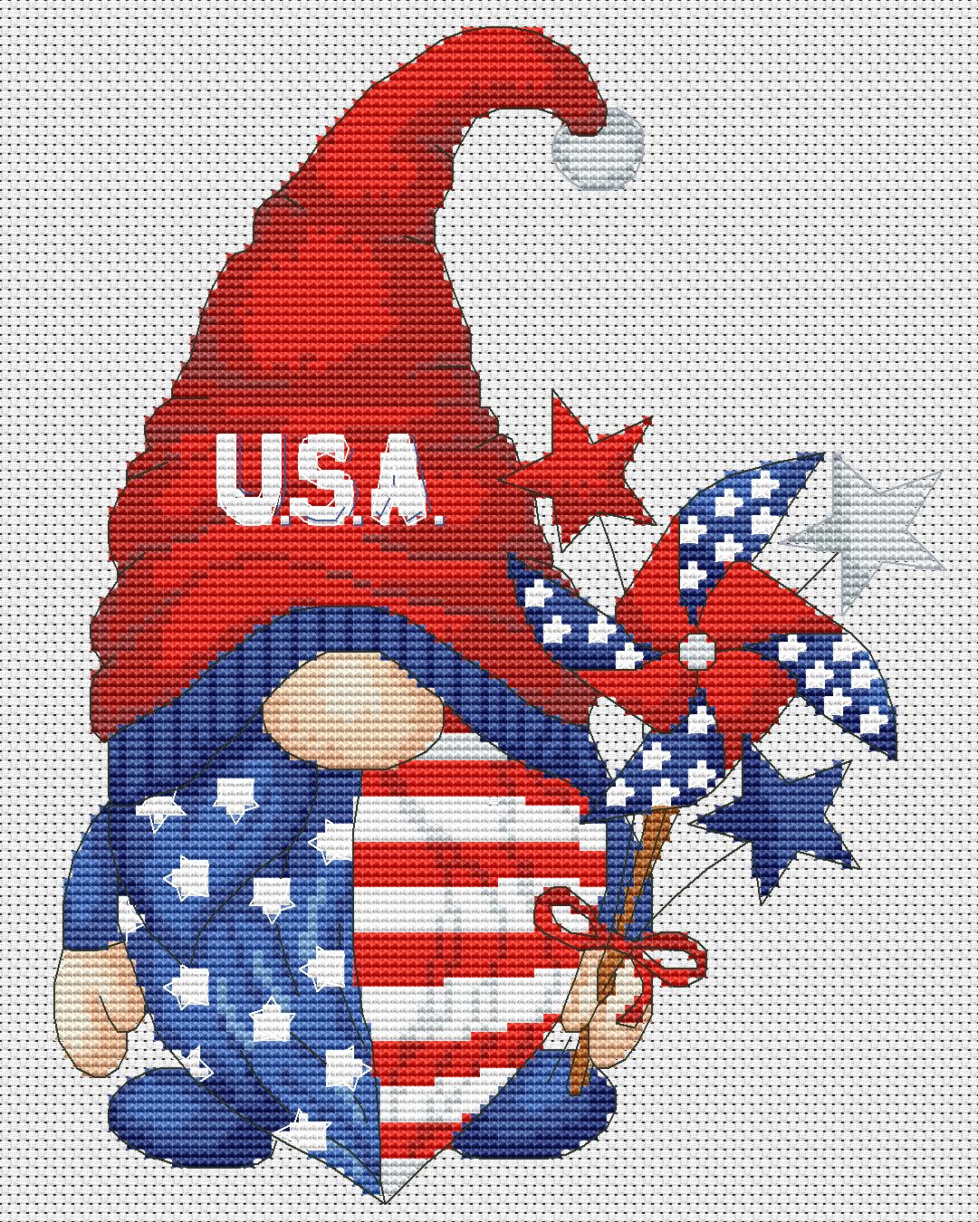 Patriotic gnome, Cross stitch pattern, Independence day