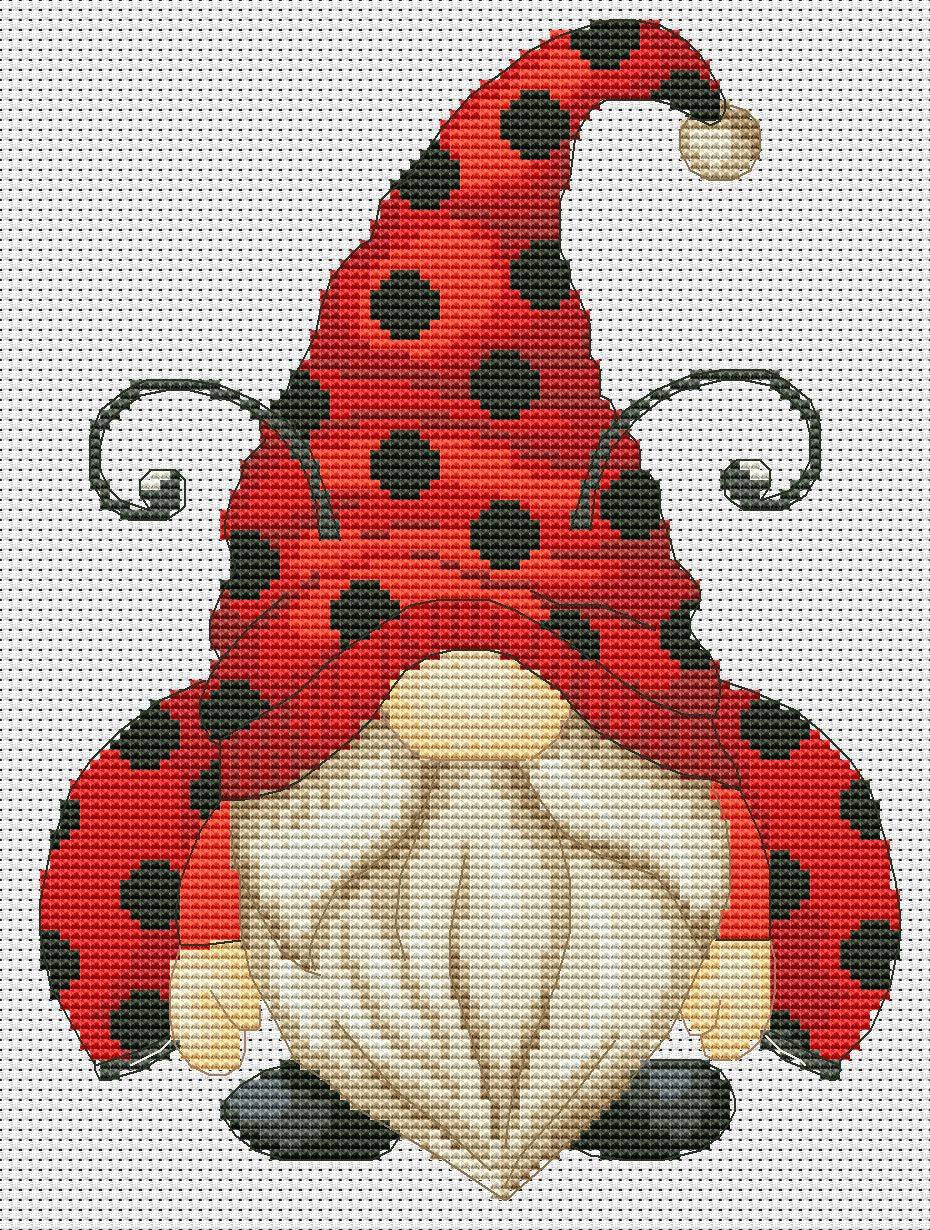 Ladybug gnome, Cross stitch pattern, Bugs cross stitch,Counted cross stitch