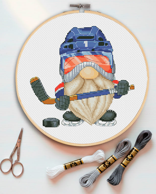 Hockey gnome, Cross stitch pattern, Sport cross stitch