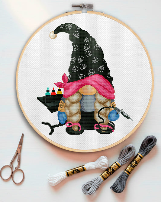 Tattoo artist female, Cross stitch pattern, Cross stitch, Counted cross stitch, Gnomes cross stitch, Tattoo artist gift
