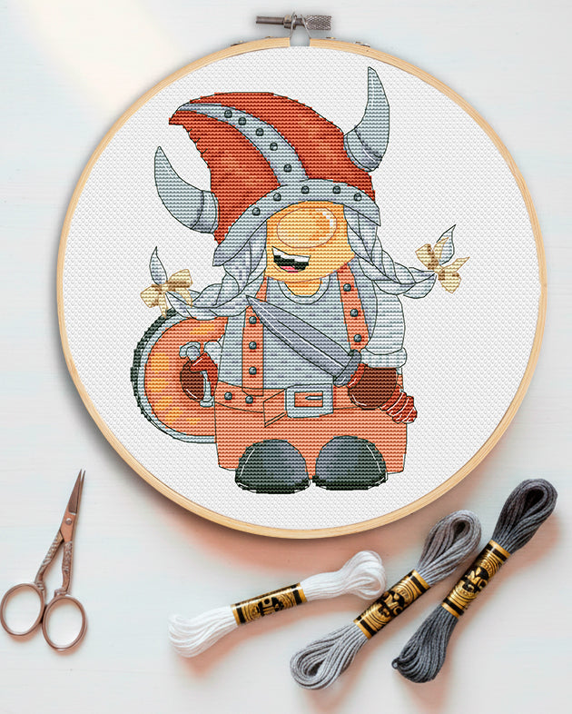 Viking Female Gnome Cross Stitch Pattern - Warrior Embroidery Design PDF