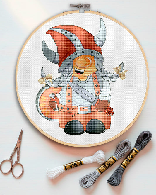 Viking Female Gnome Cross Stitch Pattern - Warrior Embroidery Design PDF