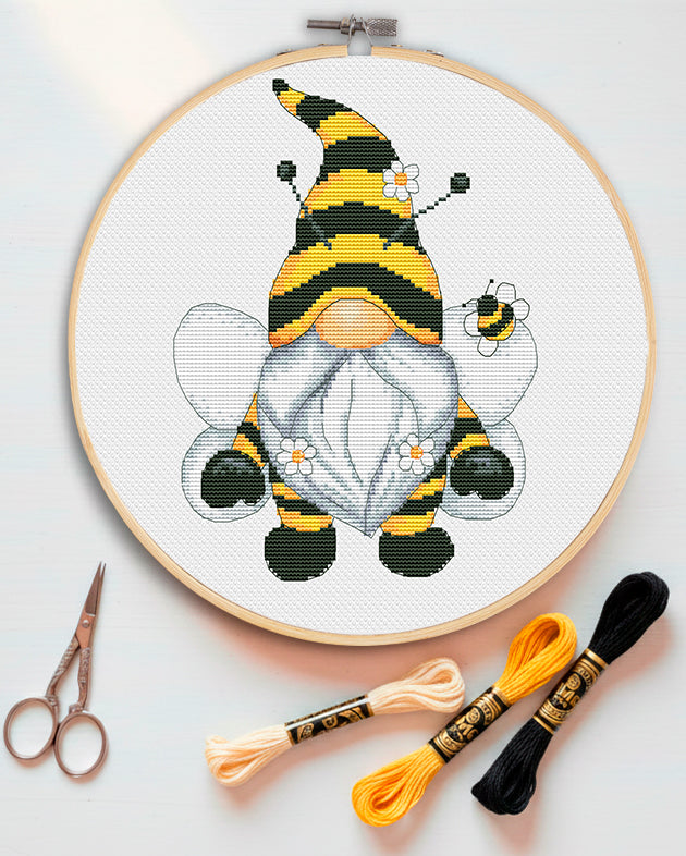 Honeybee gnome, Cross stitch, Honey cross stitch, Gnomes cross stitch, Modern cross stitch, Bee cross stitch