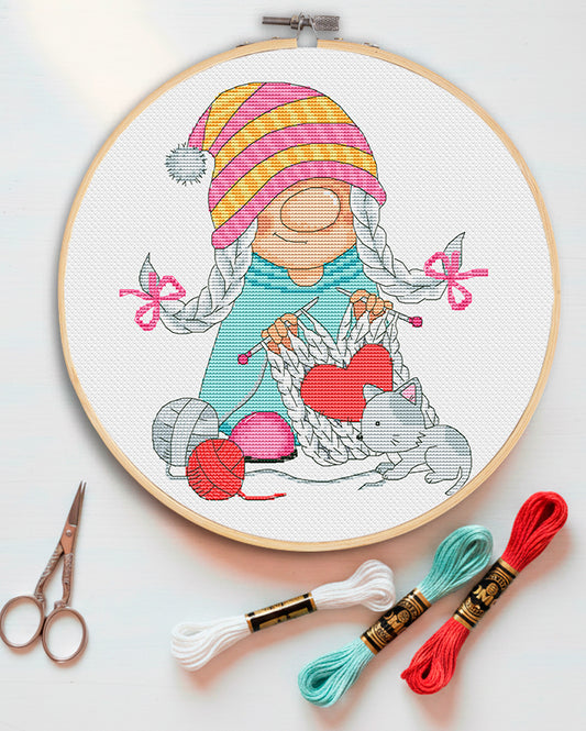 Knitter, Cross stitch, Counted cross stitch, Gnomes cross stitch, Girl cross stitch, Modern cross stitch, Cross stitch PDF
