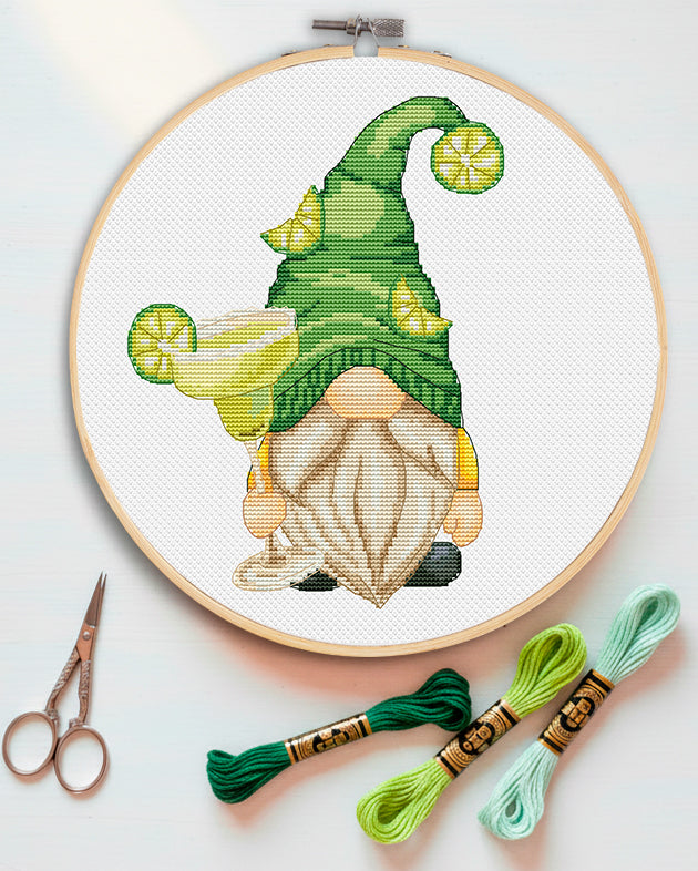 Gnome with margarita, Cross stitch, Gnomes cross stitch, Modern cross stitch, Bar decor