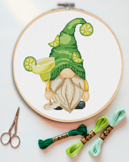 Gnome with margarita, Cross stitch, Gnomes cross stitch, Modern cross stitch, Bar decor