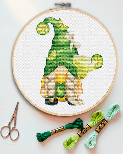 Female with margarita, Kitchen cross stitch, Gnomes cross stitch, Modern cross stitch, Cocktail cross stitch, Bar decor