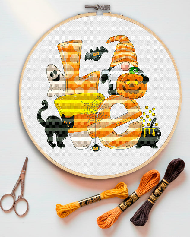 Halloween LOVE, Halloween cross stitch, Gnomes cross stitch, Modern cross stitch, Cross stitch pattern