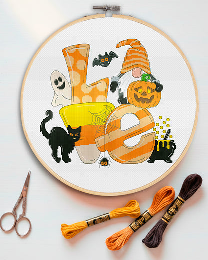 Halloween LOVE, Halloween cross stitch, Gnomes cross stitch, Modern cross stitch, Cross stitch pattern
