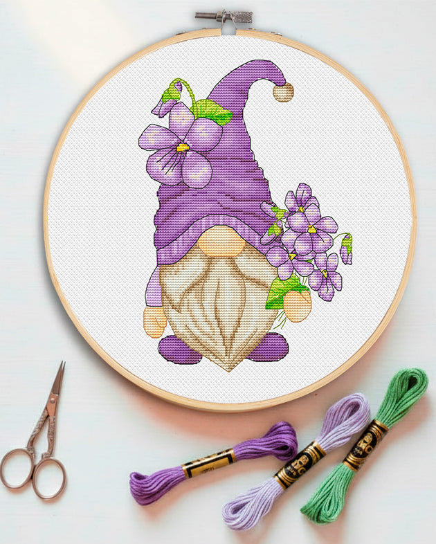 Floral cross stitch pattern Violet gnome