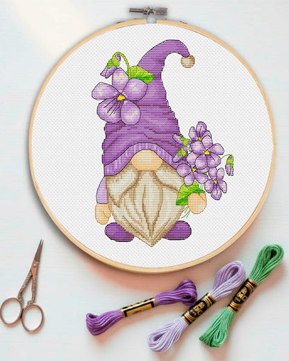 Floral cross stitch pattern Violet gnome