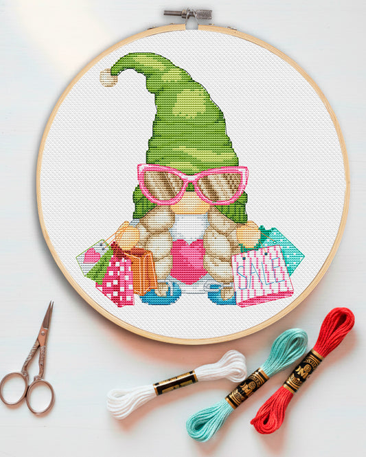 Shopping girl, Cross stitch, Shopping cross stitch, Gnomes cross stitch, Modern cross stitch, Funny cross stitch