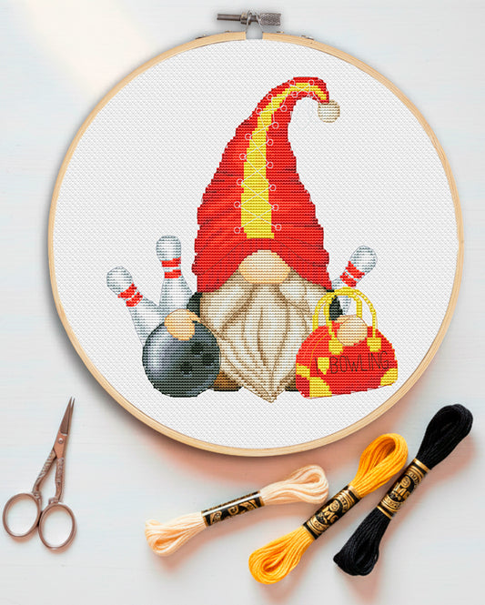 Bowling gnome, Cross stitch pattern, Gnome cross stitch, Counted cross stitch, Modern cross stitch, Hand embroidery